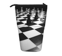 LHBWCVN Schwarz-weißes Schachbrett-Kosmetiktasche, Stehendes Federmäppchen, Teleskop-Federtasche, tragbarer Stifthalter, niedliches Steh-Bleistiftetui für Damen und Herren, Reise-Münztasche, Geldbörse
