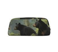 LHBWCVN Schwarze Bären-Federmäppchen, großes Fassungsvermögen, ästhetische Stifttasche, Leder, Make-up-Tasche für Damen und Herren, Reise-Kulturbeutel, Reißverschluss, Kosmetiktasche, weit geöffnetes