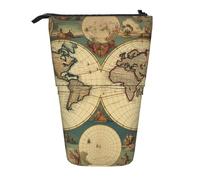LHBWCVN Weltkarte Retro-Kosmetiktasche, Stehendes Federmäppchen, Teleskop-Federtasche, tragbarer Stifthalter, niedliches Stand-up-Bleistiftetui für Damen und Herren, Reise-Münztasche, Geldbörse