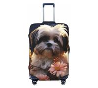 LHCVSFGW Reisegepäckabdeckung, Shih Tzu Hund und Blumen, Kofferschutz, elastisch, waschbar, kratzfest, Gepäckabdeckung, dicker Gepäckschutz, passend für 45,7 - 81,3 cm Gepäck, Schwarz , XL