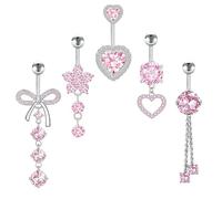 LHOEST 5 Stück Bauchnabelpiercing Set aus Chirurgenstahl Rosa Belly Piercing Bauchnabel Banane Edelstahl 10mm Stablänge mit Schmetterling, Blume & Rund Hängend Bauchpiercing