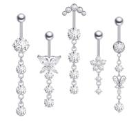 LHOEST 5 Stück Bauchnabelpiercing Set aus Chirurgenstahl Silber, Belly Piercing Bauchnabel Banane Edelstahl 12mm Stablänge mit Schmetterling, Blume & Rund Hängend Bauchpiercing