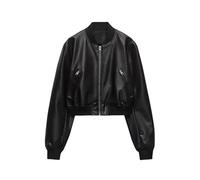 LHSJYG Lederjacke Damen Bomberjacke aus Kunstleder mit Stehkragen, Used-Look, for Damen, modisch, for Pendler(Black,L)