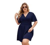 LIAMERHE Damen Übergröße Sommerkleid mit V-Ausschnitt und Schmetterlingsärmeln A-Linie Kurzarmkleid für Mollige Frauen Elegantes Casual Mode Freizeitkleid in Plus Size Marine XL
