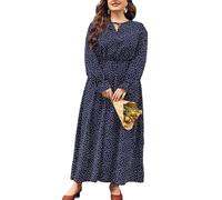 LIAMERHE Damen Übergröße Winterkleid Rundhalsausschnitt Langarm A-Linie Große Größen Casual Kleid für Mollige Frauen Freizeitkleid Polka Dot Maxikleid Blau XXL