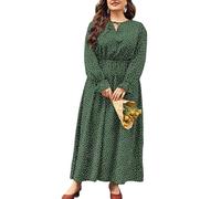 LIAMERHE Damen Übergröße Winterkleid Rundhalsausschnitt Langarm A-Linie Große Größen Casual Kleid für Mollige Frauen Freizeitkleid Polka Dot Maxikleid Grün XXL