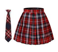 libairo Karierter Faltenrock für Damen und Mädchen, hohe Taille, japanische Schuluniform, A-Linie, plissiert, JK-Rock, Skater, Tennis, Krawatten, Rot / Schwarz, X-Groß
