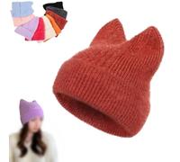 LIBIQI Winter Cute cat Ear Wool Trendy Beanie Hats for Women and Men Soft Warm Cashmere Knit hat Ladies Skull Beanies Cap Slouchy Crochet Hat Animal Beanie (Brick Red,One Size)