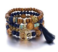 LICHUANUK Boho 4 Stück Armbänder Holzperlen Quaste Armband, Chakra Armband für Frauen, Natürliches Kristall heilsteine armband, Frauen Baum des Lebens Charm Statement Armreifen, Blau