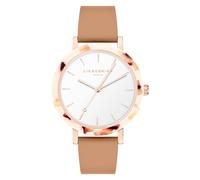Liebeskind Berlin Damen Armbanduhr - Rundes Gehäuse mit gemustertem Acetat-Topring - Lederarmband - Schlichtes Ziffernblatt - Elegante Quarzuhr - Roségold und Braun