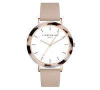 LIEBESKIND BERLIN Damen Armbanduhr - Rundes Gehäuse mit gemustertem Acetat-Topring - Lederarmband - Schlichtes Ziffernblatt - Elegante Quarzuhr - Roségold