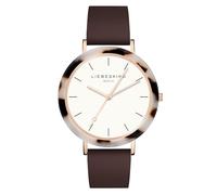 Liebeskind Berlin Damen Armbanduhr - Rundes Gehäuse mit gemustertem Acetat-Topring - Lederarmband - Schlichtes Ziffernblatt - Elegante Quarzuhr - Braun und Roségold