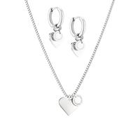 LIEBESKIND BERLIN Schmuck-Set - Creolen mit Herz- und Plättchen-Anhänger und passende Halskette - Silber - Venezianerkette verstellbar bis 45 cm - wasserfest & hautfreundlich