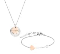 LIEBESKIND BERLIN Schmuck-Set - Halskette mit zwei Coins und Armband mit Herz-Anhänger - Bicolor Silber/IP Roségold - Gliederkette verstellbar bis 45 cm - wasserfest & hautfreundlich