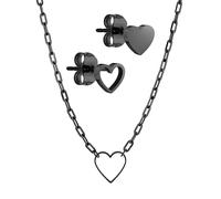 LIEBESKIND BERLIN Schmuck-Set - Herz-Ohrstecker und Gliederhalskette - IP Schwarz - Gliederkette verstellbar bis 45 cm - wasserfest & hautfreundlich