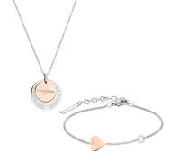 LIEBESKIND BERLIN Schmuck-Set - Halskette mit zwei Coins und Armband mit Herz-Anhänger - Bicolor Silber/IP Roségold - Gliederkette verstellbar bis 45 cm - wasserfest & hautfreundlich