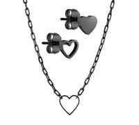LIEBESKIND BERLIN Schmuck-Set - Herz-Ohrstecker und Gliederhalskette - IP Schwarz - Gliederkette verstellbar bis 45 cm - wasserfest & hautfreundlich