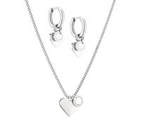 LIEBESKIND BERLIN Schmuck-Set - Creolen mit Herz- und Plättchen-Anhänger und passende Halskette - Silber - Venezianerkette verstellbar bis 45 cm - wasserfest & hautfreundlich