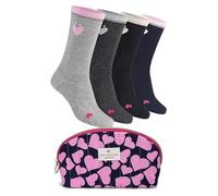 Lieblingsstück Lovely Socks - Damen Socken - Regular - 4 Paar - Crew - mit Kulturtasche - Baumwolle - bequeme Strümpfe - Glitzerbund - Herz-Motiv - Grau, Dunkelgrau, Schwarz, Blau (39-42)