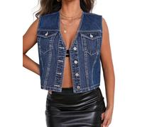 LifeShe Damen Cropped Denim Weste Top Casual V-Ausschnitt Knopfleiste Ärmellos Jeansjacke Weste, Tiefes Blau, Large