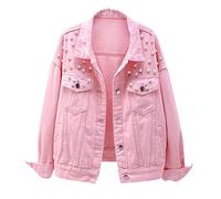 LifeShe Damen-Jeansjacke, bestickt, Perlen-Denim-Jeansjacke, rose, L