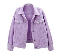 LifeShe Damen Jeansjacke, bestickt, Perlen - Violett - Small
