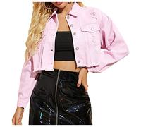 LifeShe Damen Jeansjacke mit ausgefranstem Saum - Pink - Klein