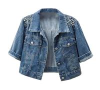 LifeShe Damen Jeansjacke Perlen 3/4 Ärmel Cropped Strass Jeansjacken Trucker Mantel, Blau, XXL