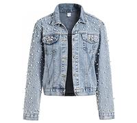 LifeShe Damen Jeansjacke Perlen Cropped Strass Jeansjacke Mantel, Blau, XXL