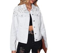 LifeShe Damen Strass Jeansjacke Casual Langarm Jeans Trucker Jacke Mantel