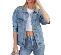 LifeShe Damen Strass Jeansjacke Casual Langarm Jeans Trucker Jacke Mantel, Blau, L