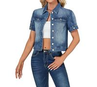 LifeShe Kurzärmelige Jeansjacke für Damen, bauchfreie Puff-Jeansjacke, Sommer, bauchfrei, Trucker-Mantel, Tiefes Blau, S