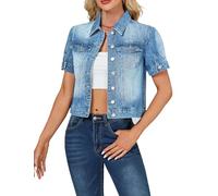 LifeShe Kurzärmelige Jeansjacke für Damen, bauchfreie Puff-Jeansjacke, Sommer, bauchfrei, Trucker-Mantel, Hell, blau, M
