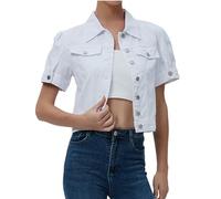 LifeShe Kurzärmelige Jeansjacke für Damen, bauchfreie Puff-Jeansjacke, Sommer, bauchfrei, Trucker-Mantel, Weiss/opulenter Garten, XXL