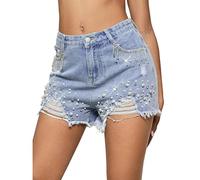 LifeShe Kurze Denim-Jeans für Damen, mit Strass, Quaste, Perlen, ausgefranster Saum, Jeans-Shorts, Blau, Mittel