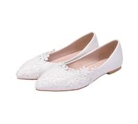 LIFKOME Elegante Weiße Hochzeitsschuhe für Damen mit Spitz Zulaufender Zehenpartie aus Pu und Gummi Flache Schuhe für Langes Tragen ohne Ermüdung für Casual und Weihnachten