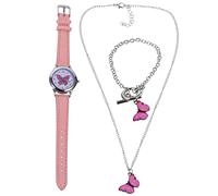 LIFKOME Schmuckset für Junge Mädchen mit Rosa Schmetterlingsmuster Quarzuhr Armband und Halskette aus Legierung und Pu Praktisch und Bequem für Alltag