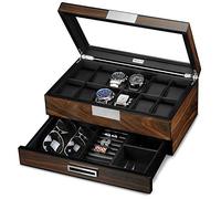 Lifomenz Co Uhrenschatulle aus Holz, mit Schublade, 12 Fächer, Uhren-Vitrine, große Uhren, Zubehör-Organizer mit Echtglasfenster, Walnuss