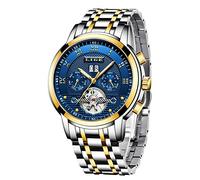 LIGE Automatik Uhr Herren Mechanische Edelstahl wasserdichte Armbanduhr Herren Luxusmarke Datum Skeleton Tourbillon Uhr, Gold Blau