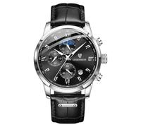 LIGE Herrenuhr Retro Lederarmband Uhr Herren 3ATM wasserdichte Men Watch Vintage Armbanduhr Analog Leuchtend Mondphasen Design Armbanduhren Chronograph Herrenuhren mit Datum, Silber Schwarz