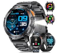 LIGE Smartwatch Herren(3 Straps)- Telefonfunktion/Taschenlampe, 1,43'' AMOLED Display, IP68 Wasserdicht, 100+ Sportmodi Fitnessuhr, Outdoor Smartwatch für iOS Android, Schwarz Stahl/Tarnung Silikon