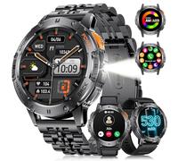 LIGE Smartwatch Herren(3 Straps)- Telefonfunktion/Taschenlampe, 1,43'' AMOLED Display, IP68 Wasserdicht, 100+ Sportmodi Fitnessuhr, Outdoor Smartwatch für iOS Android, Schwarz Leder