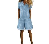,Light Blue,S,Playsuits Overalls Denim-Overalls für Frauen Sommer Kurzarm Button-Down Jeans-Shorts Jumpsuit mit Taschen