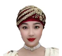 (Light Wine Red)Ladies Turban Hat Sequin Decor Color Matching Embroidery Lightweight Headscarf Hair Cover Cap Lady Head Wrap Female Daily Beanie