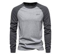 (LightGrey, EUR S 60-70kg) Men's Clothing Classic Men's T-shirts 100% Cotton Long Sleeve O-neck Pactwork Casual T shirts for Men New Spring Desig