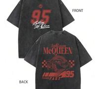 Lightning McQueen 95 Think Fast Front Back Double Print Washed Black Cotton Tee, Retro Cars Movie Racing Casual T-shirt