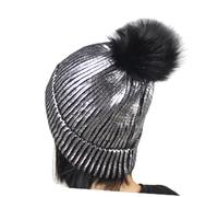 LIGIGWASH Damen Strickmütze mit Metallic und Bommel Beanie Mütze für Herbst und Winter Wärmeisolierend Silberfarbene Pailletten Geeignet für Kalte Tage und Geschenkideen