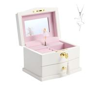 Lihou PapaQ Weiße Ballerina-Schmuckschatulle für Mädchen, Holz-Schmuckaufbewahrung mit Spiegel, Schloss und doppelter Schublade, drehbare Ballerina-Spieluhr, ideales Geschenk für Kinder zu Weihnachten