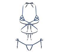 LiiYii Damen Japanisches Anime BH Und Slip Set Badeanzug Dessous Set Bikini Aushöhl Crop Top Tiny Bikini Dreipunkt Bikinis Mottoparty Königsblau Einheitsgröße