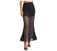 LiiYii Damen Rock Festlich Pailletten Mesh Langer Rock Slim Fit Stretch Glitzer Strandrock Plisseerock Glänzend Abendrock Urlaub Schwarz M